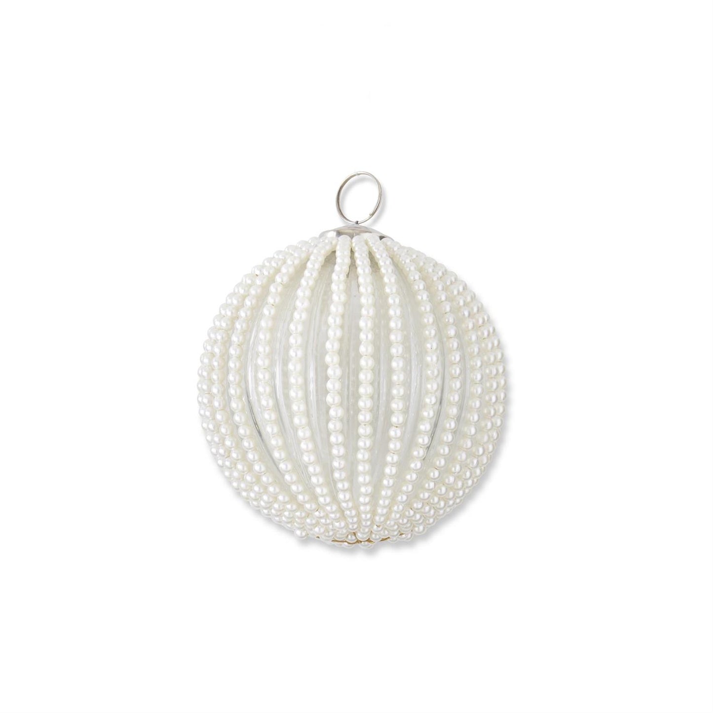 Round Clear Glass Ornament w/Wired White Beaded Stripes