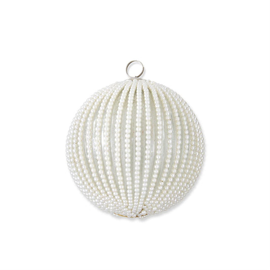 Round Clear Glass Ornament w/Wired White Beaded Stripes