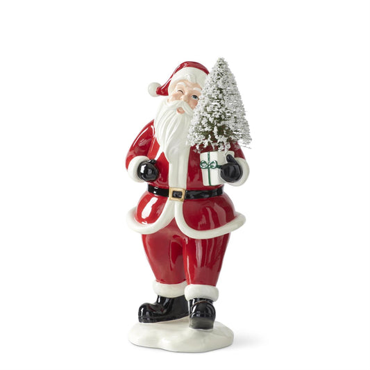 Traditional Santa Holding Bottle Brush Tree in Gift Box