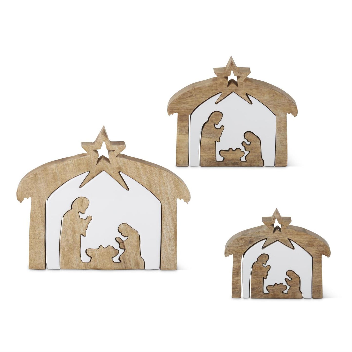 Wood Nativity with White Enameled Center Cutouts