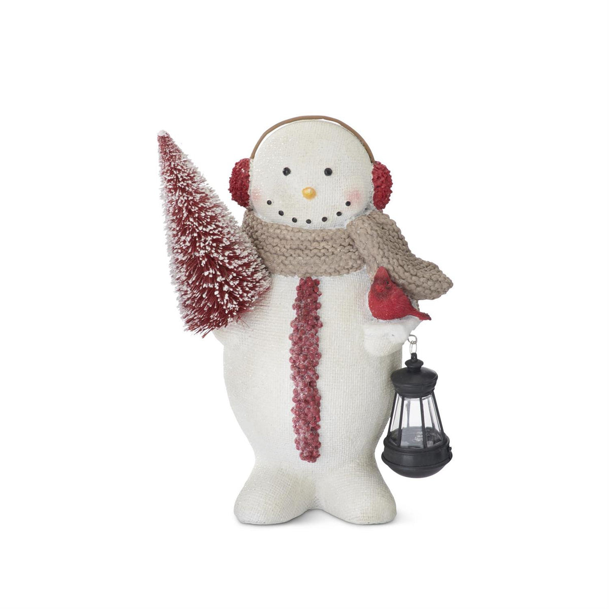 Burlap Textured Snowman with Red Bottle Brush Tree & Lantern