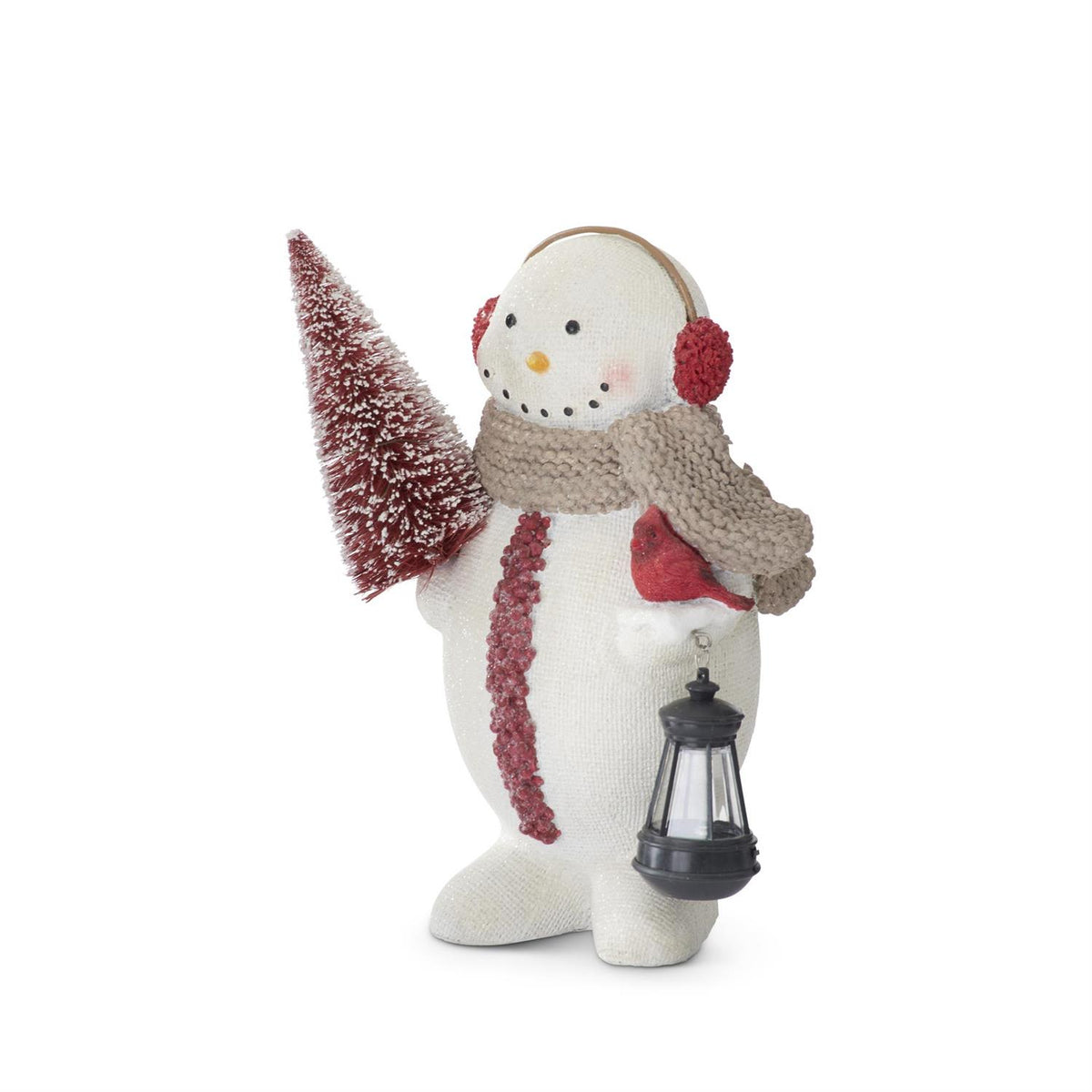 Burlap Textured Snowman with Red Bottle Brush Tree & Lantern