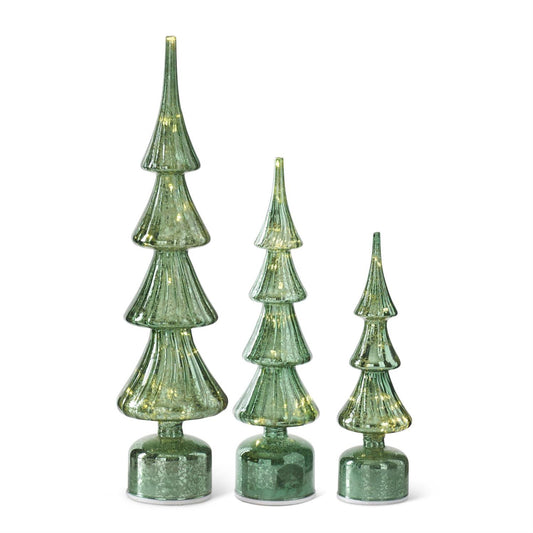 Rotating Green Ribbed Mercury Glass LED Tree w/ Timer