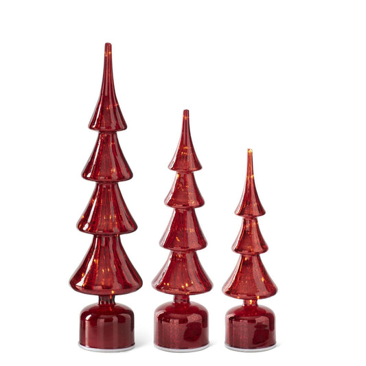 Rotating Red Ribbed Mercury Glass LED Tree w/ Timer