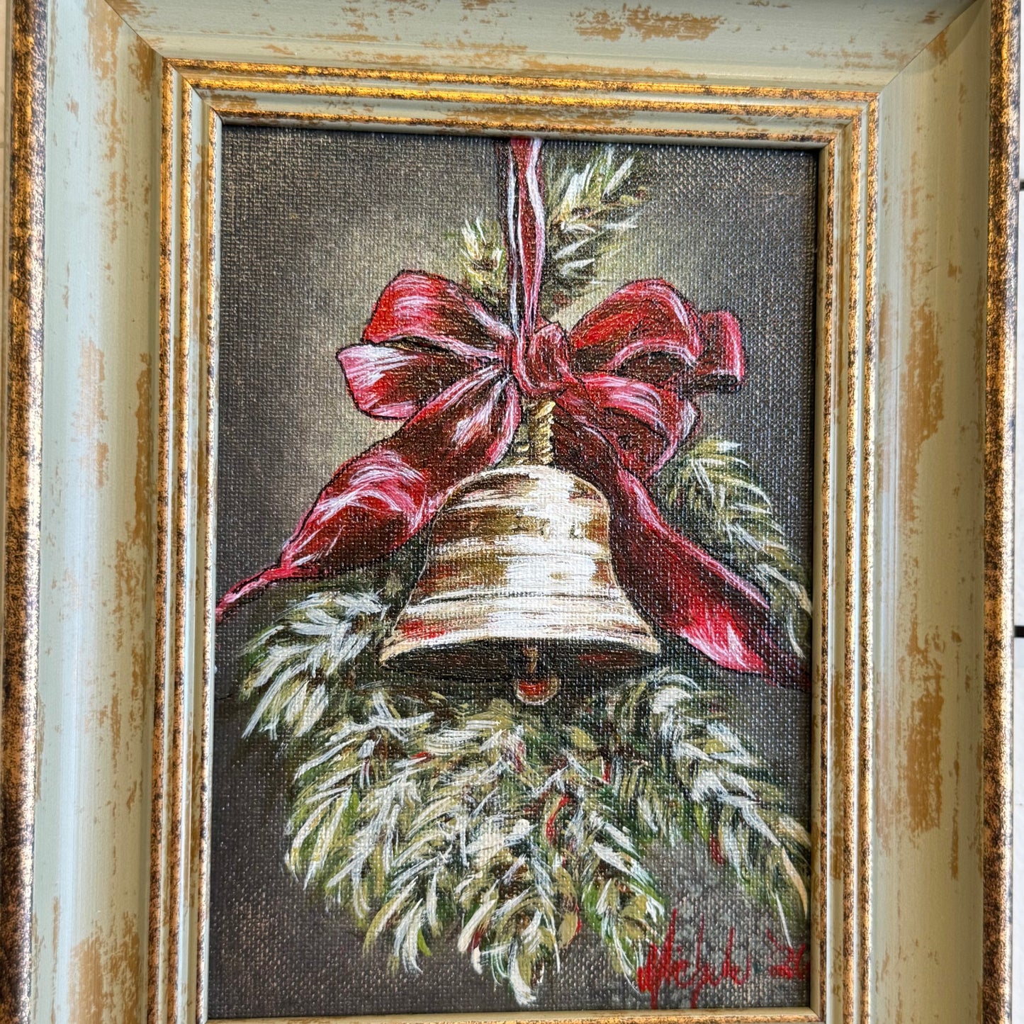 Vintage Christmas Bell w/ Red Bow Hand Painting