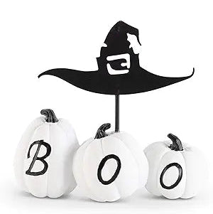 "BOO" Pumpkins w/Metal Witch Hat