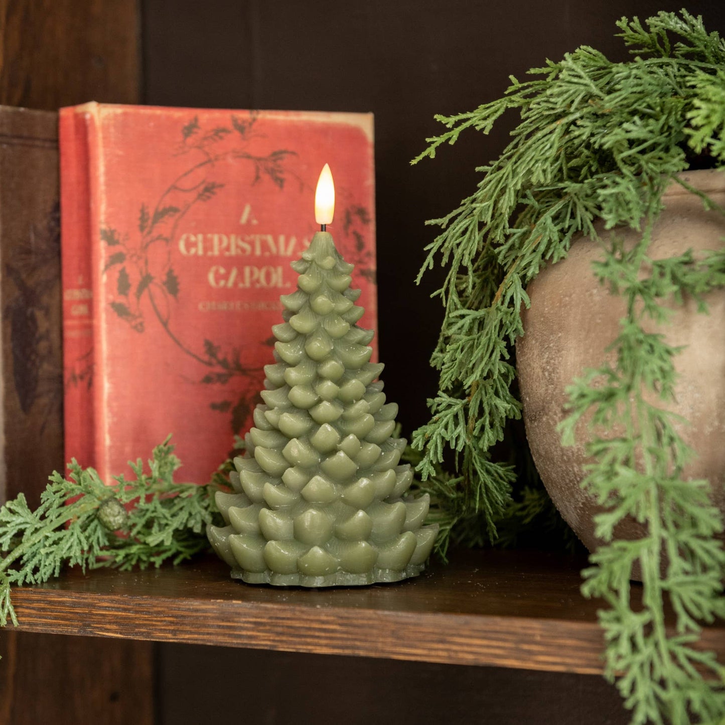 Dark Green Balsam Tree LED Candle w/ 3D Flame | Two Sizes