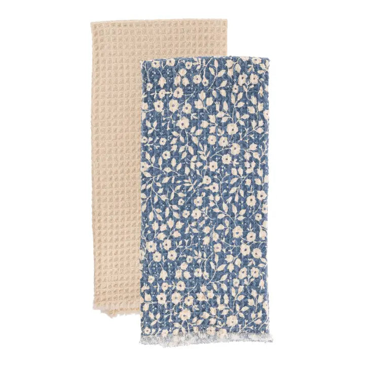 Navy Floral Waffle Cotton Tea Towels, Set of 2