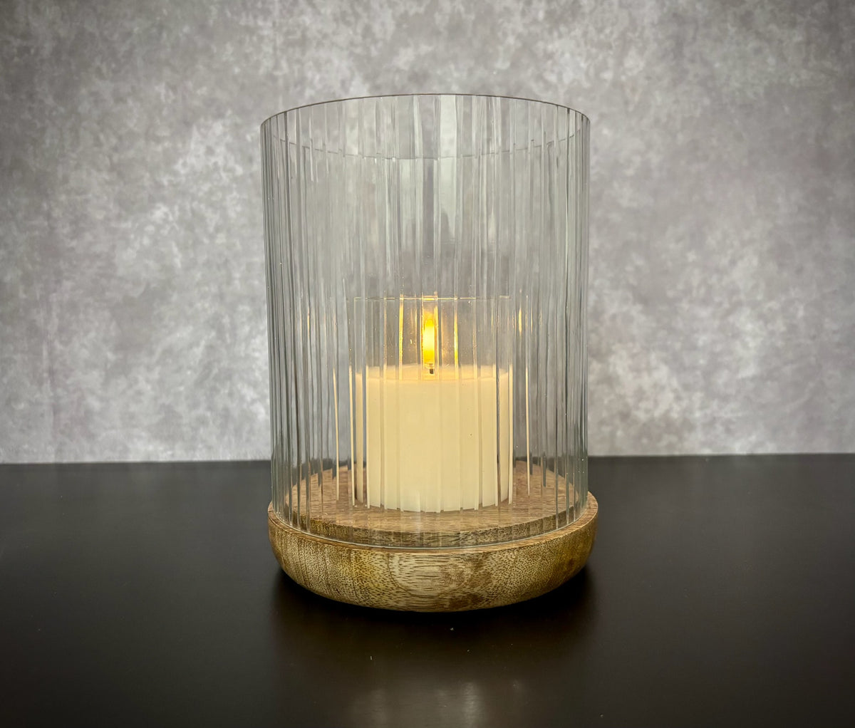 Solene Etched Fluted Glass Hurricane w Wood Base