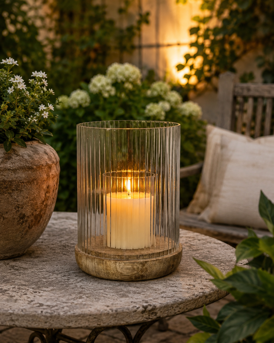 Solene Etched Fluted Glass Hurricane w Wood Base