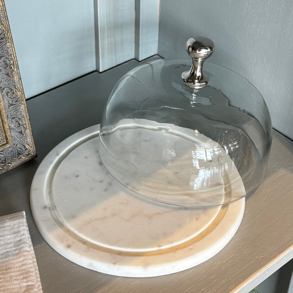 Glass Cloche w/ Marble Base & Aluminum Handle