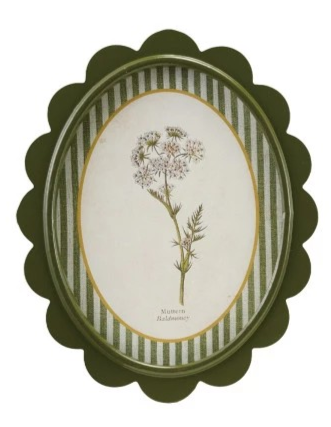 Green Scalloped Framed Artwork with Flowers & Stripes