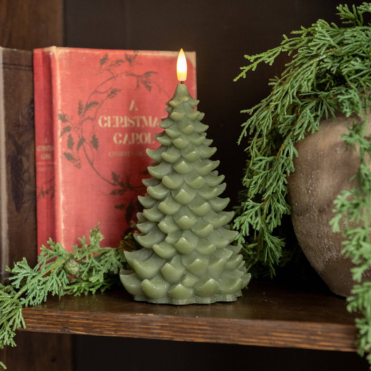 Dark Green Balsam Tree LED Candle w/ 3D Flame | Two Sizes