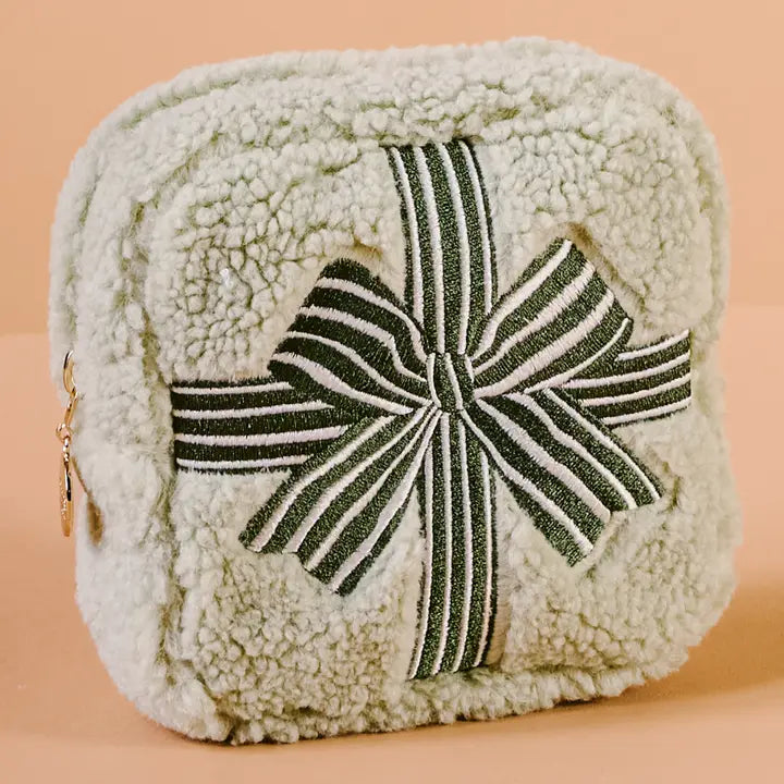 Green Square Holiday Gift Bow Teddy Pouch