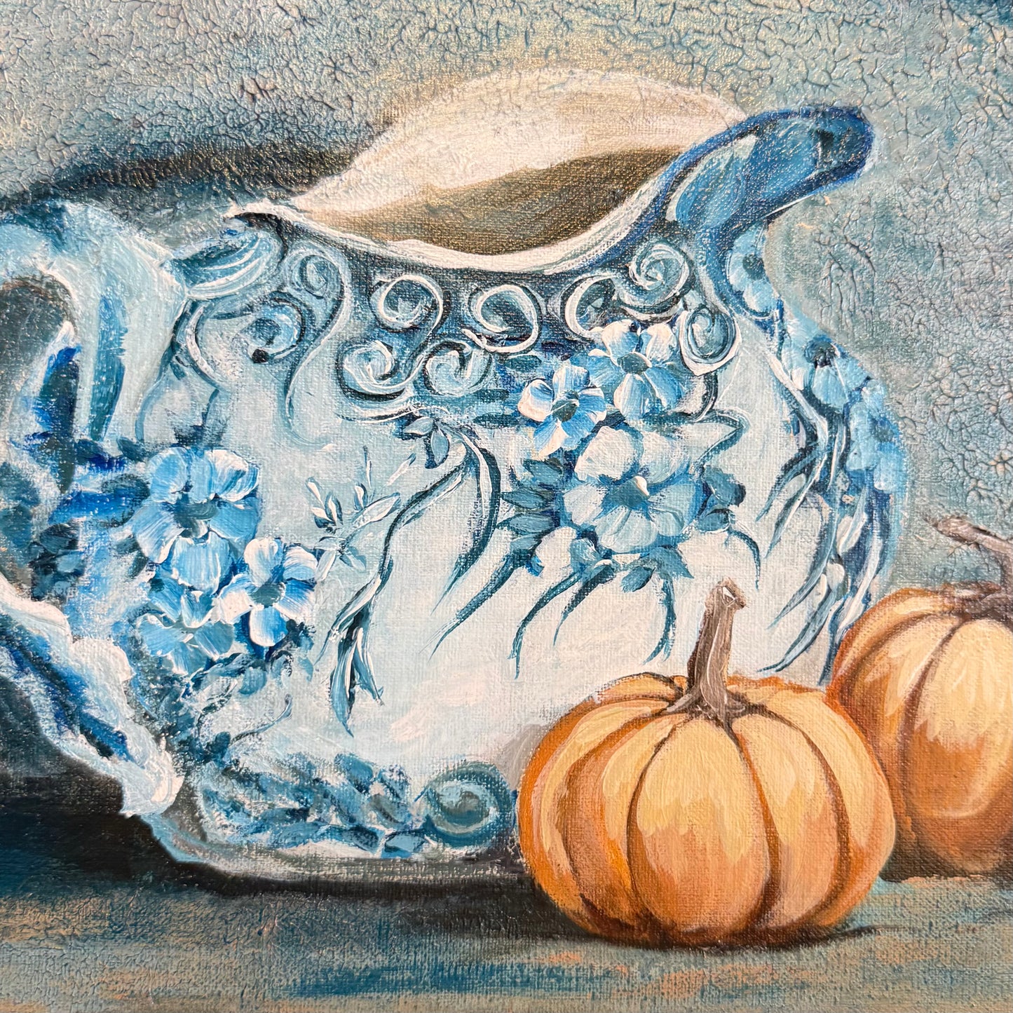 Blue Floral Pitcher & Pumpkins Hand Painting