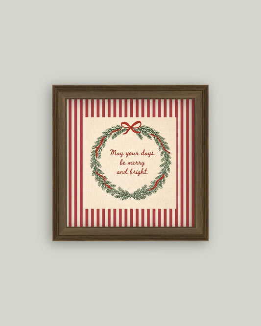 Merry and Bright Peppermint Stripe Vintage Style Framed Print