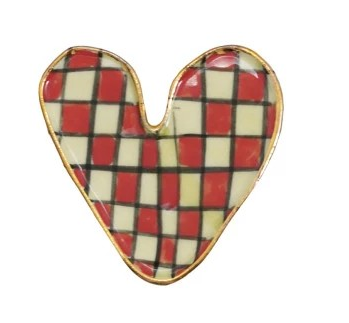 Hand-Painted Stoneware Heart Shaped Magnet w/ Pattern & Gold Electroplated Edge