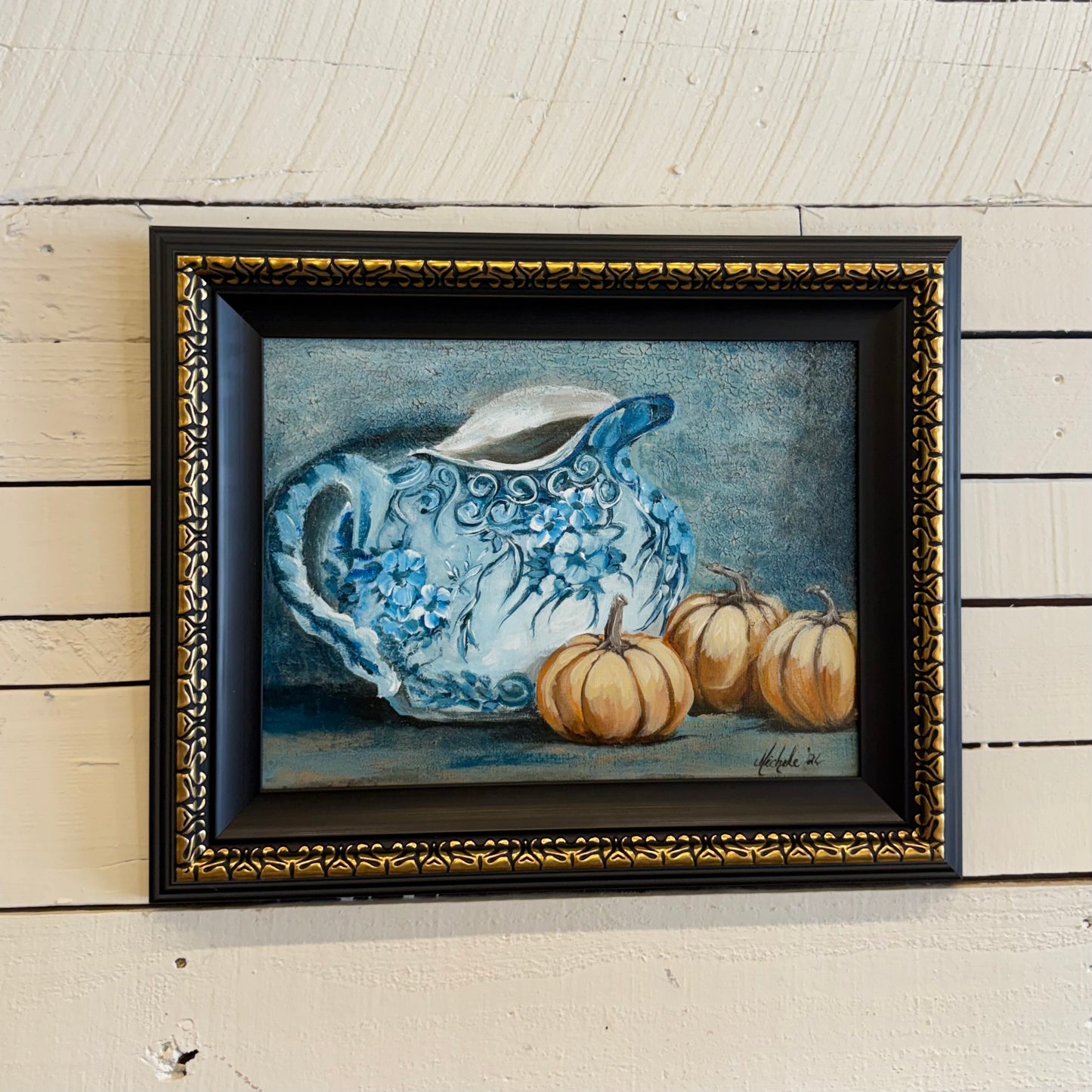 Blue Floral Pitcher & Pumpkins Hand Painting