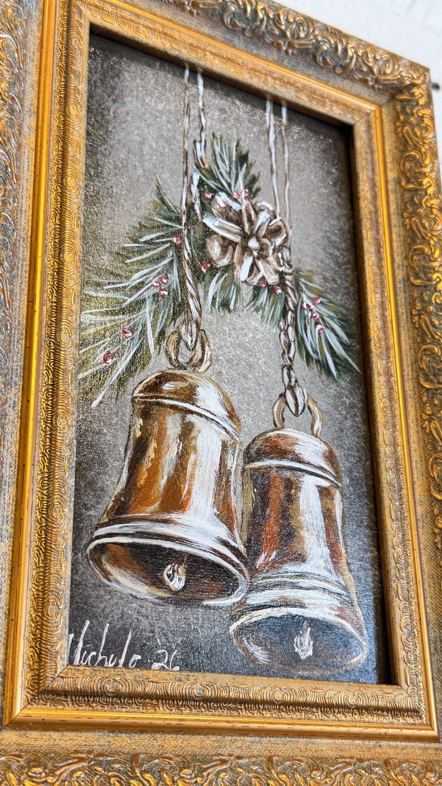 Vintage Christmas Bell & Pinecone Hand Painting