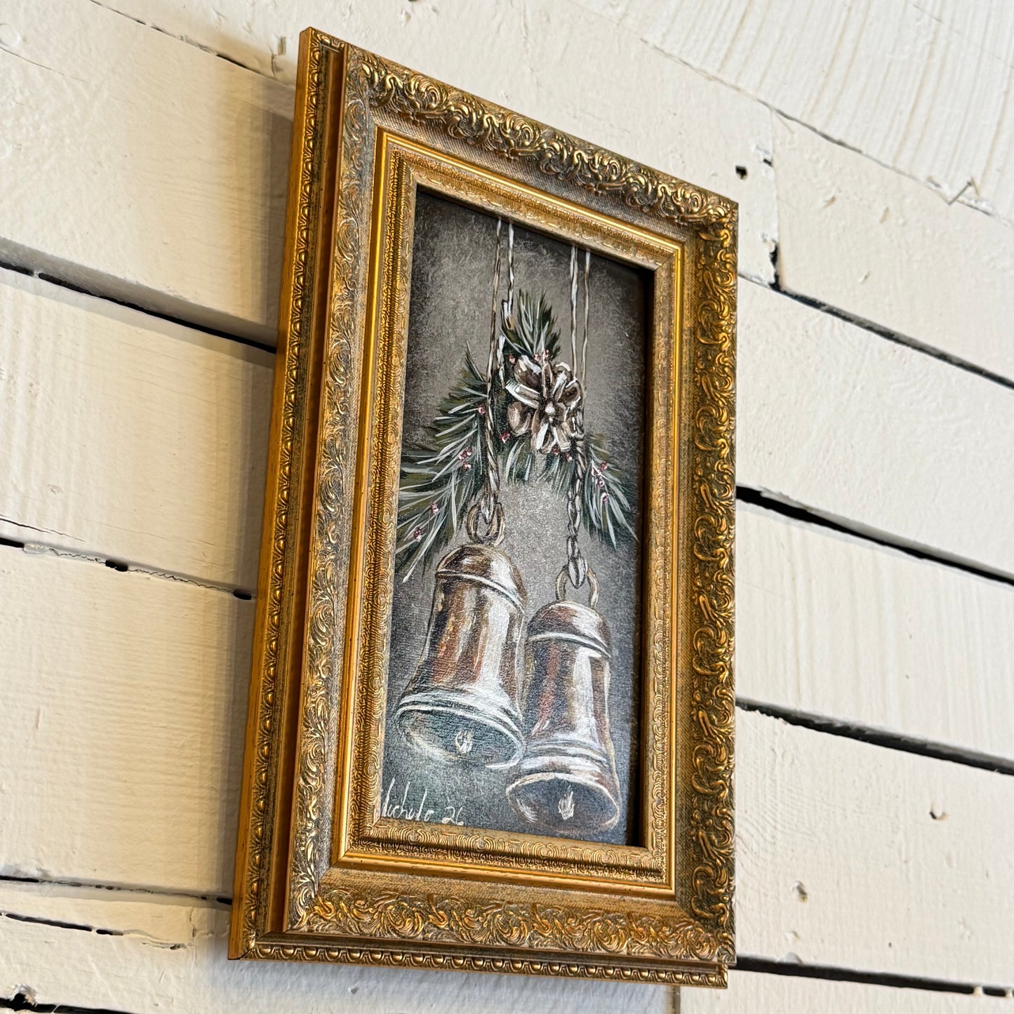 Vintage Christmas Bell & Pinecone Hand Painting