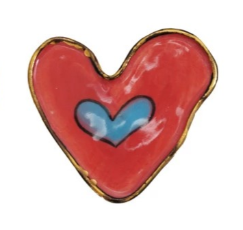 Hand-Painted Stoneware Heart Shaped Magnet w/ Pattern & Gold Electroplated Edge
