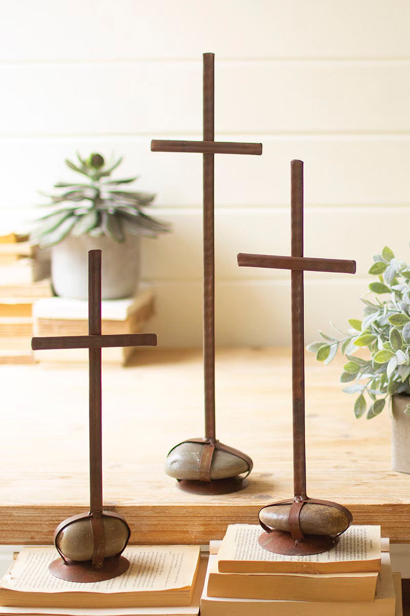 Set of 3 Scrap Metal Crosses with Caged Rock Bases