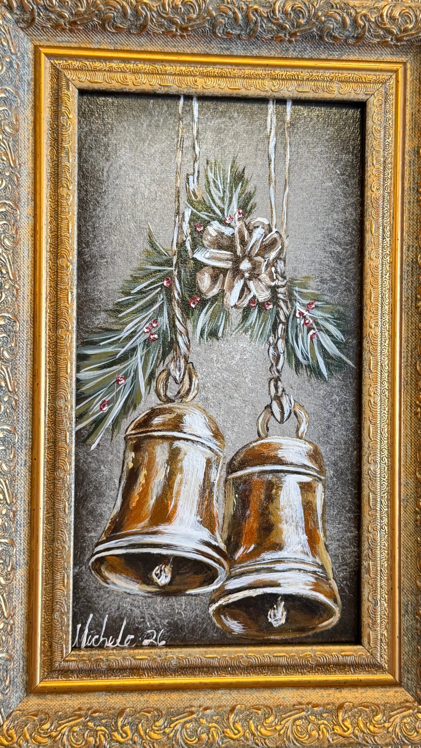 Vintage Christmas Bell & Pinecone Hand Painting
