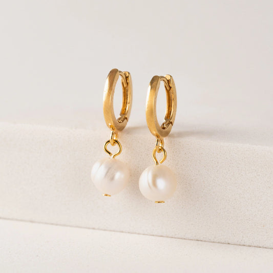 Amari Pearl Huggie Gold Hoop Earrings Pair