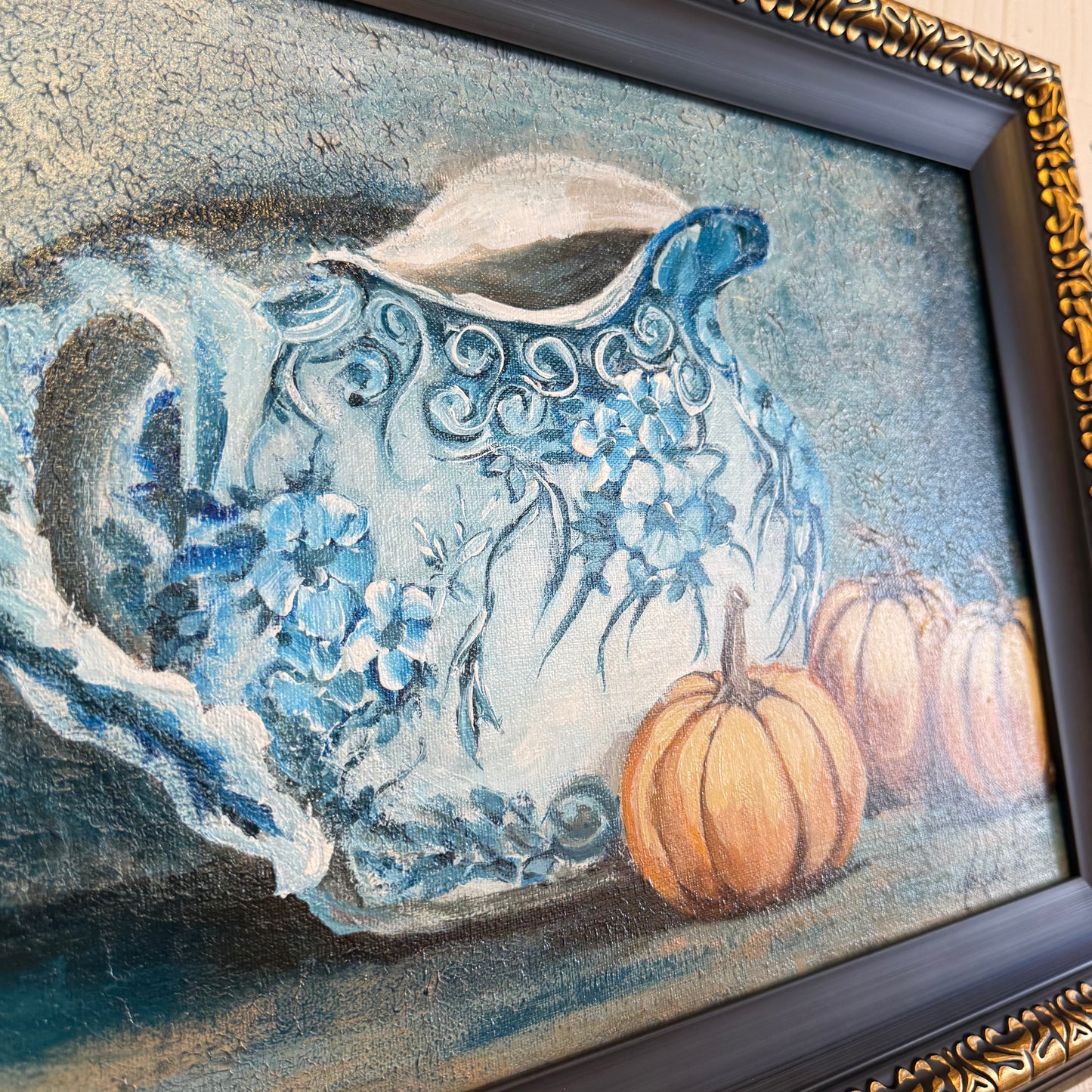 Blue Floral Pitcher & Pumpkins Hand Painting