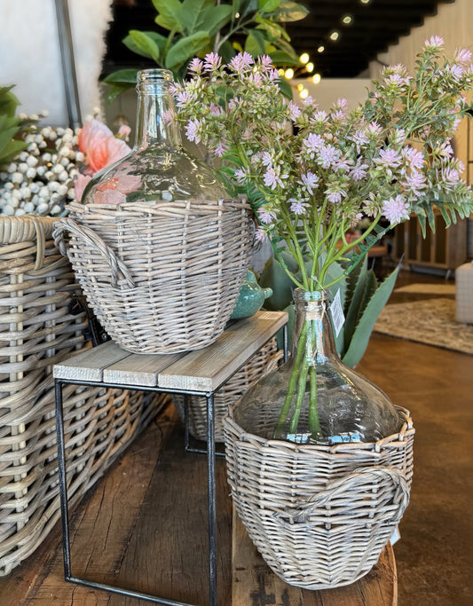 Glass Vineyard Bottle Vase with Basket