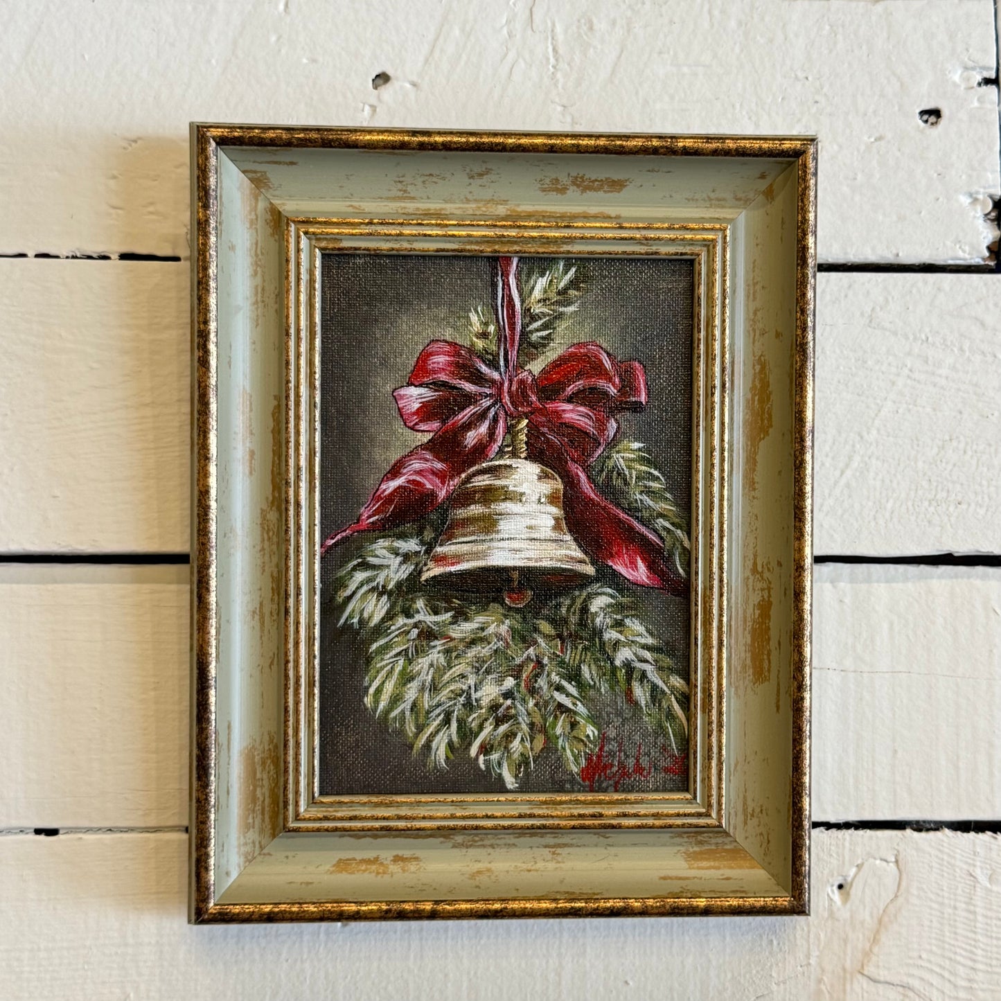 Vintage Christmas Bell w/ Red Bow Hand Painting