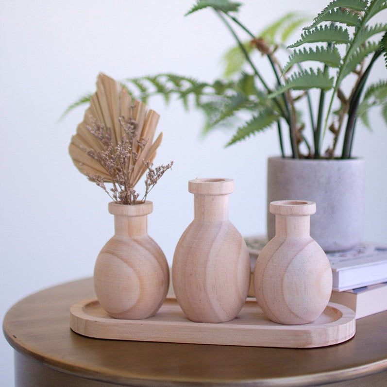 Three Wooden Bud Vases on a Tray