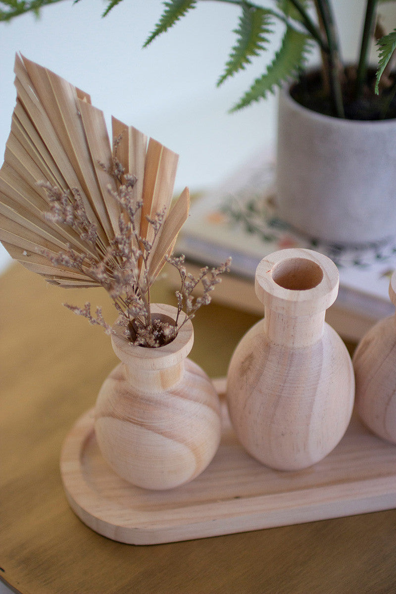 Three Wooden Bud Vases on a Tray