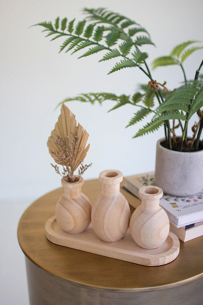 Three Wooden Bud Vases on a Tray