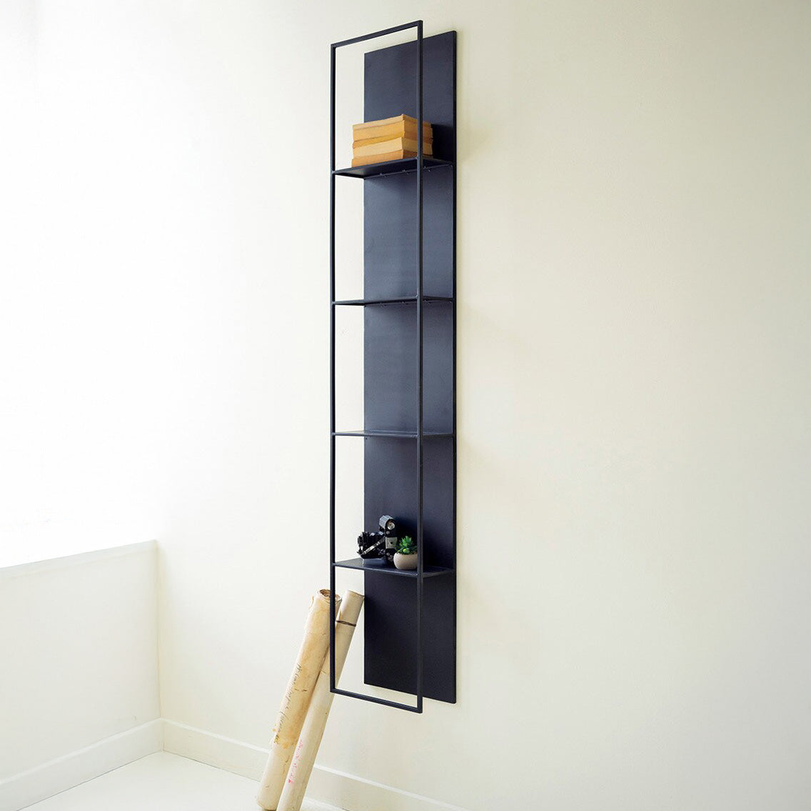 Tall Black Metal Four-Tiered Wall Shelf