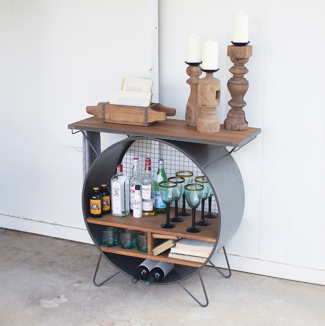 Round Metal Console w/ Wood Top