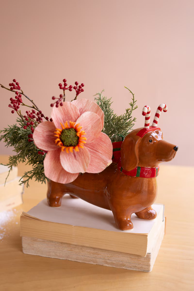 Ceramic Christmas Dachshund Planter with Candy Cane Headband