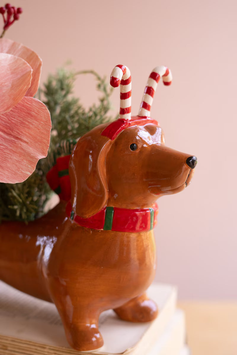 Ceramic Christmas Dachshund Planter with Candy Cane Headband