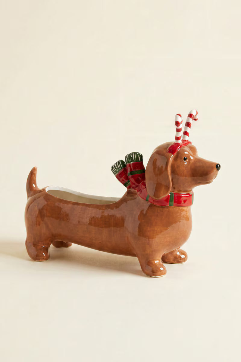 Ceramic Christmas Dachshund Planter with Candy Cane Headband