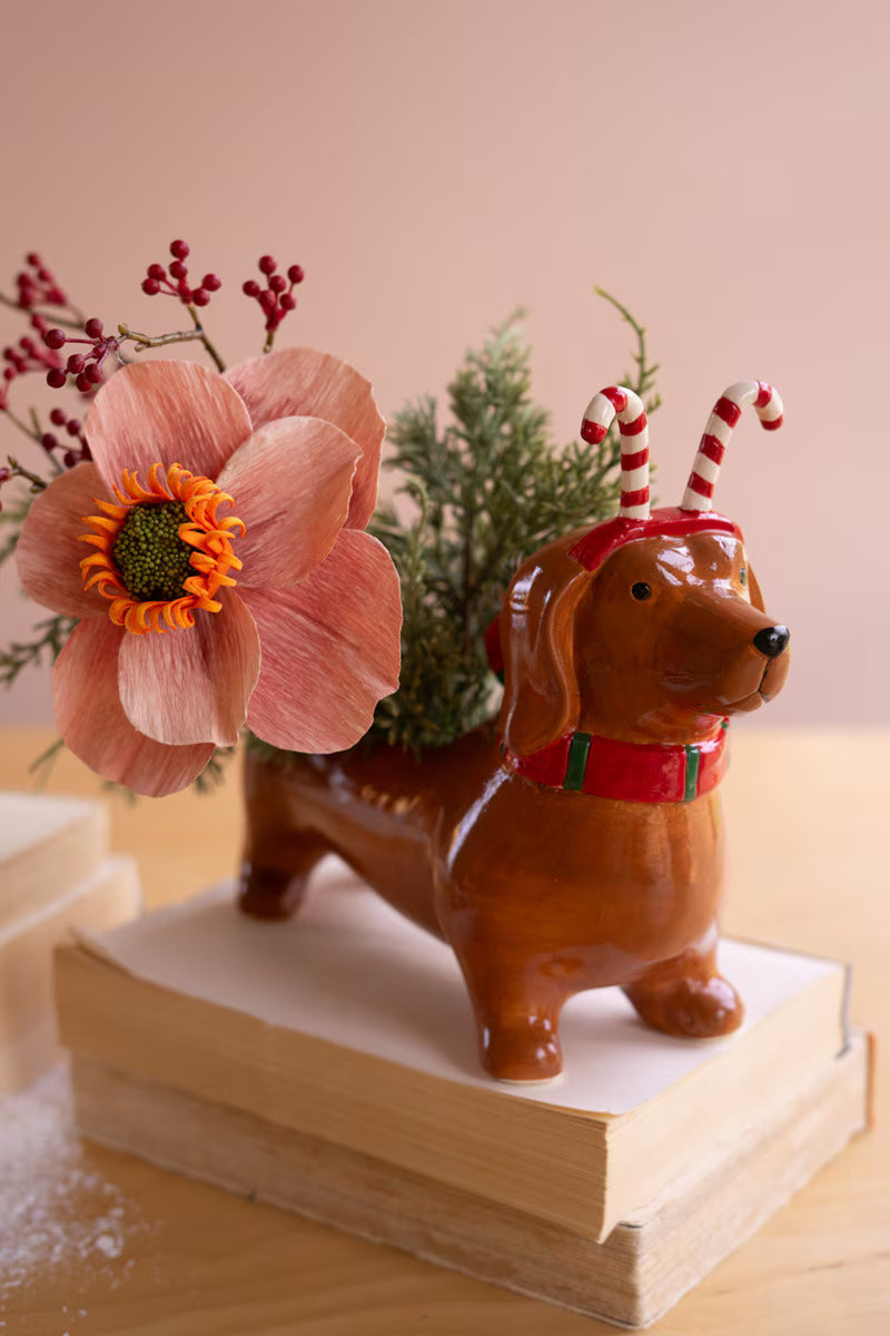 Ceramic Christmas Dachshund Planter with Candy Cane Headband