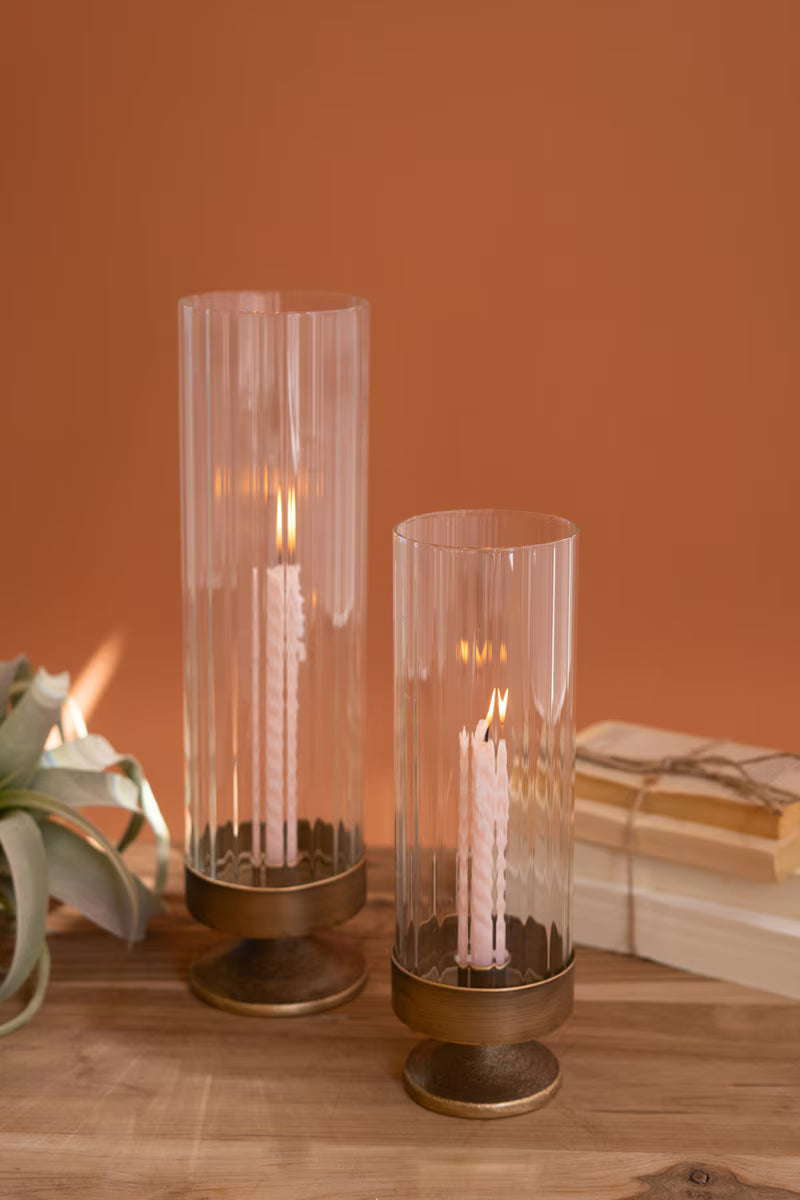 Antique Metal and Glass Taper Candle Hurricane