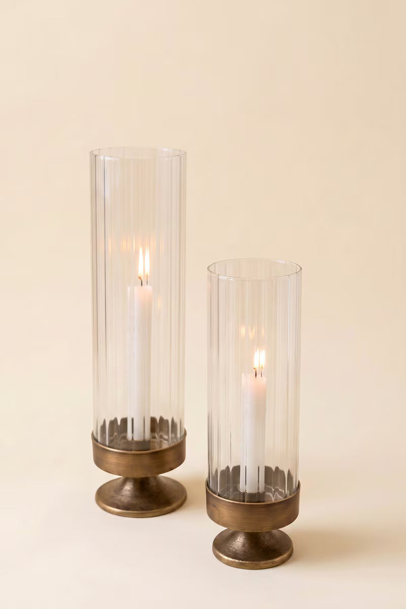 Antique Metal and Glass Taper Candle Hurricane