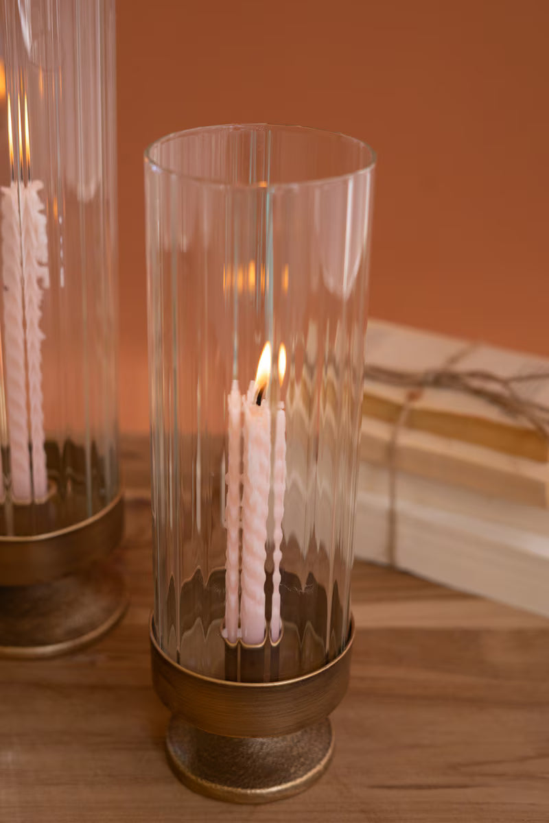 Antique Metal and Glass Taper Candle Hurricane