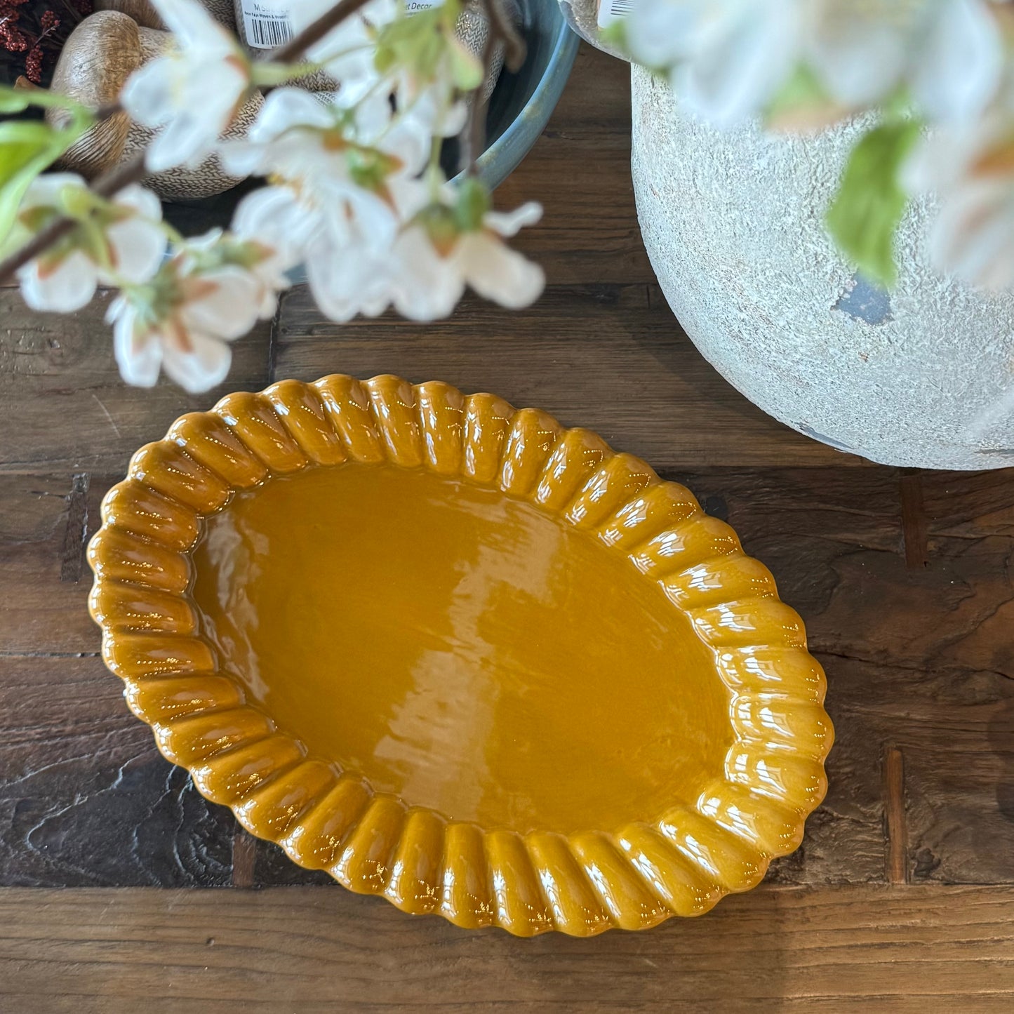 Mustard Brown Stoneware Scalloped Platter