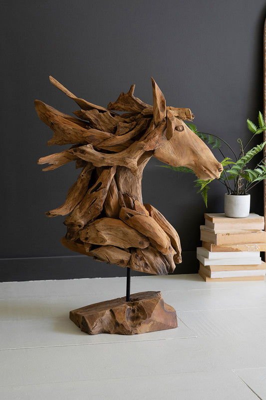 Teakwood Horse Head Sculpture with Base