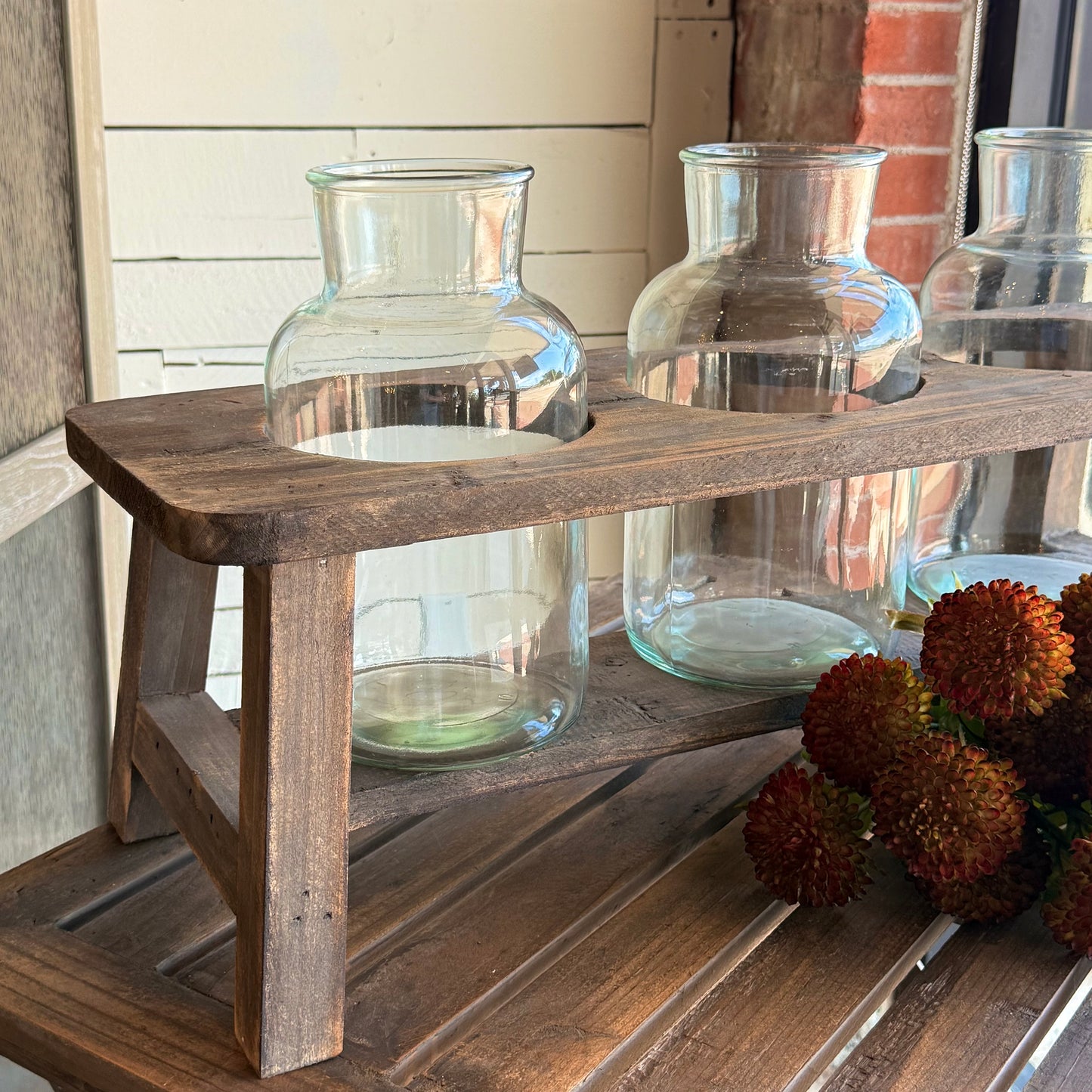 Wooden Flower Stand With 3 Glass Bottles