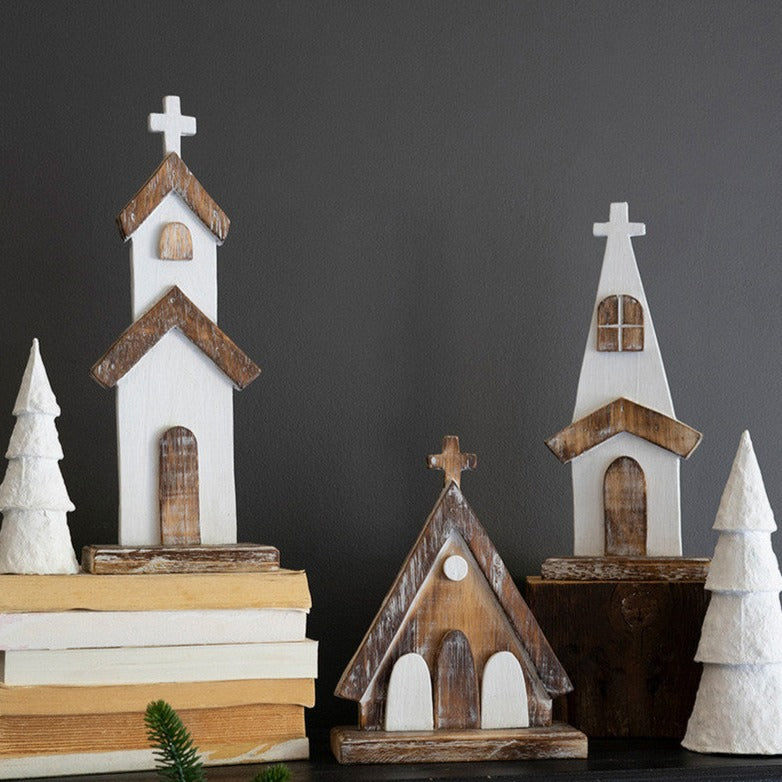 Set of 3 White-Washed Wooden Churches