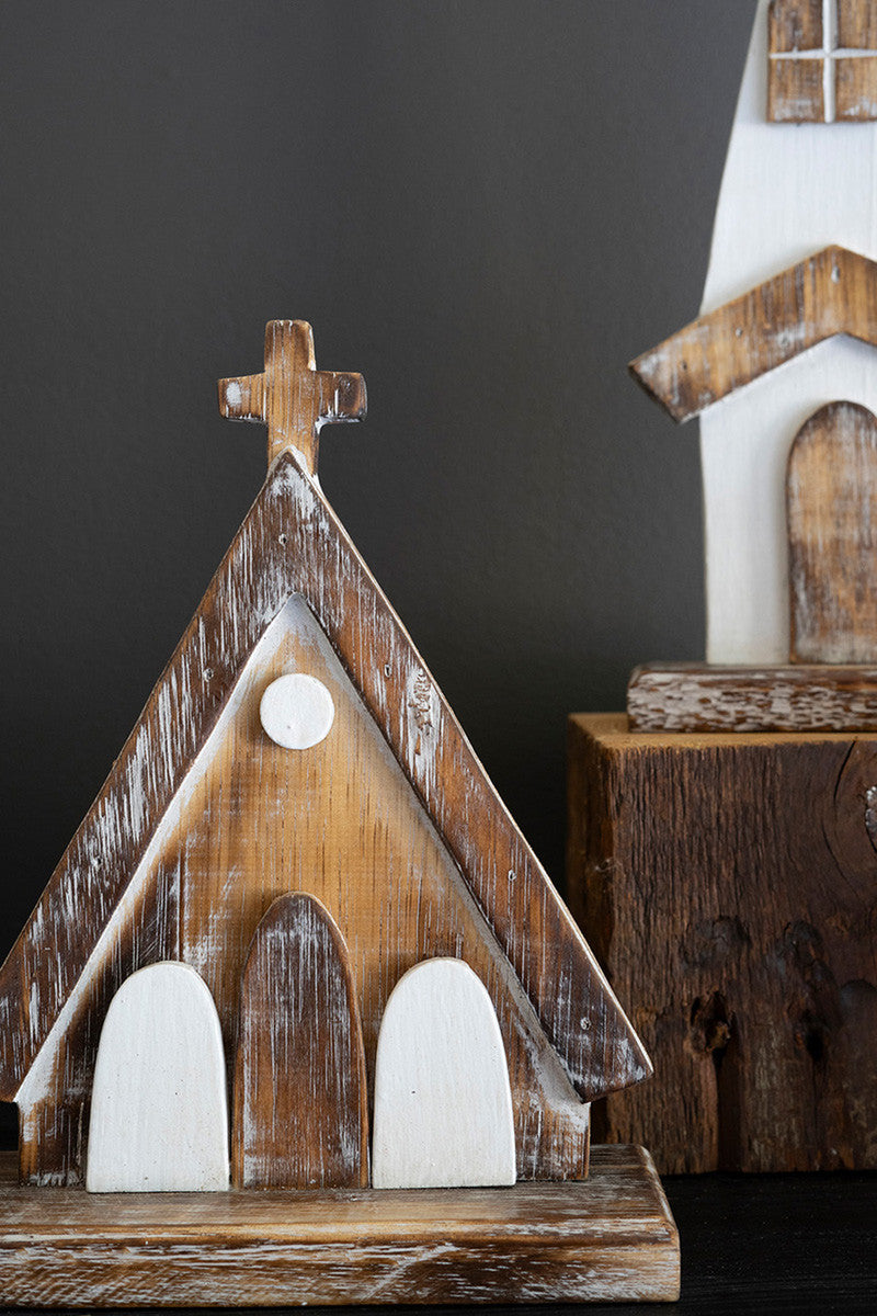 Set of 3 White-Washed Wooden Churches