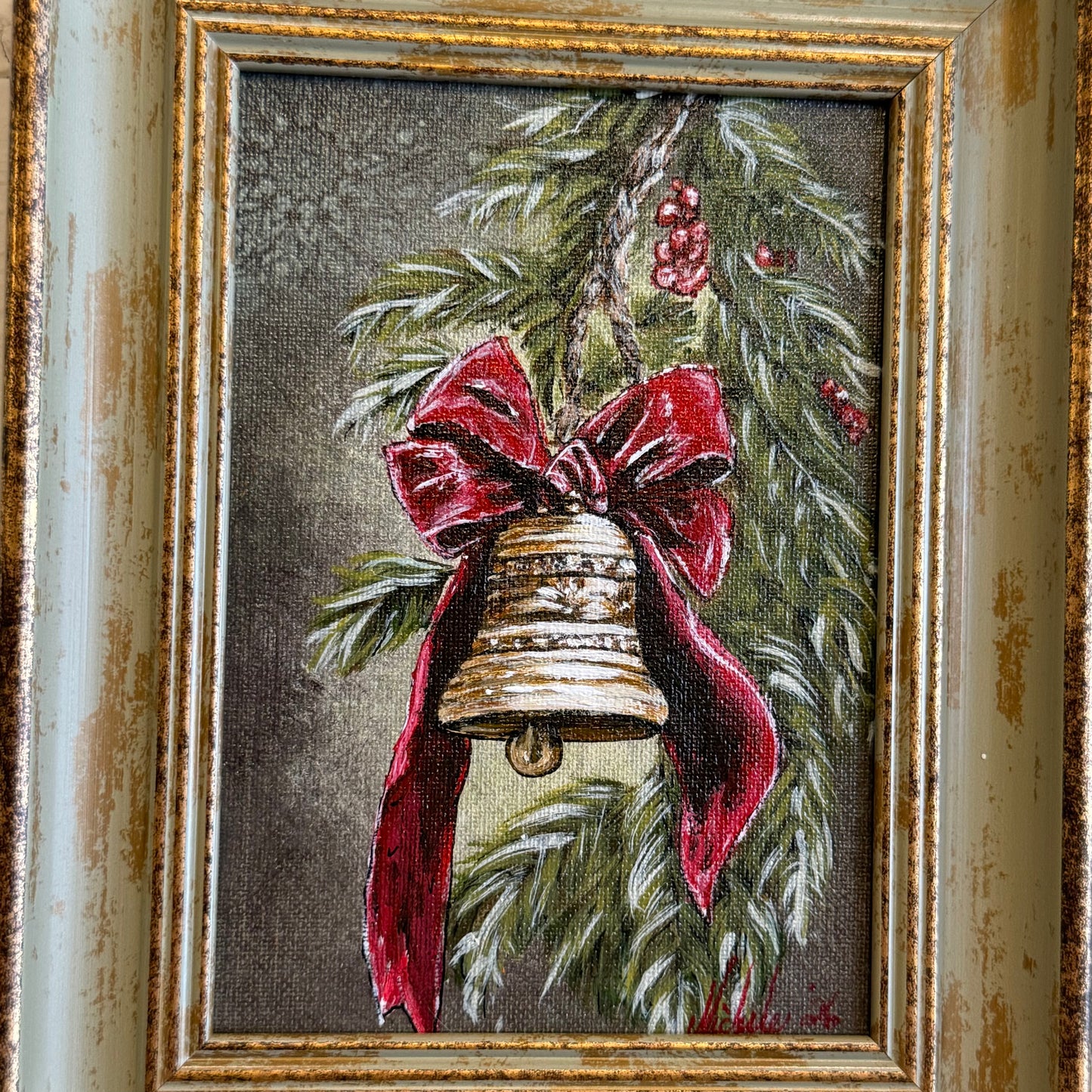Christmas Bell w/ Red Bow & Berries Hand Painting