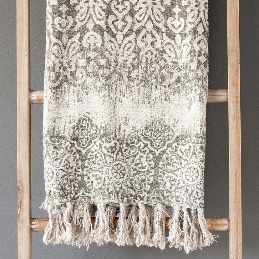 Soft Grey Vintage Printed Linen Throw